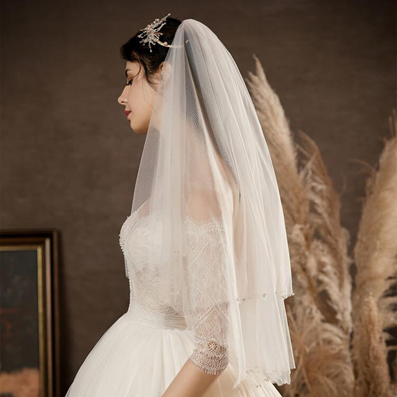 European-style simple short double-layer soft mesh white veil bridal wedding veil headdress wedding travel photography pearl veil