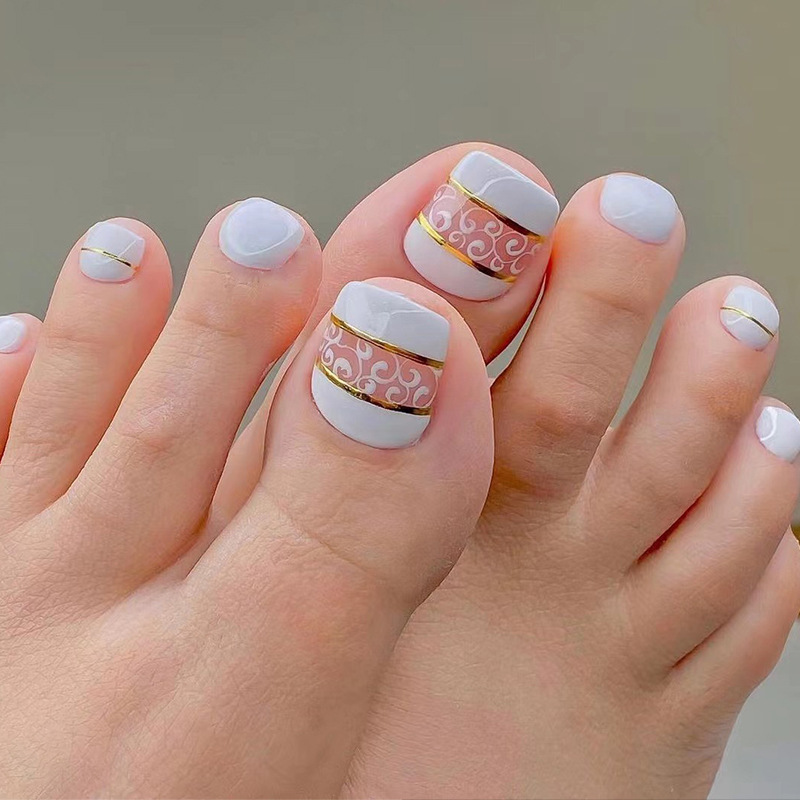 法式祥雲金線腳甲穿戴甲甲片假指甲美甲甲片短款穿戴甲false nail