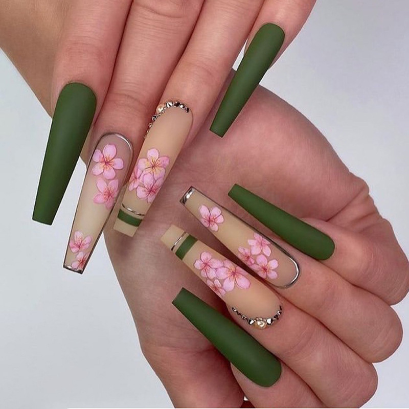 European and American wear nail art spring warm flower blooming point diamond nail art ins style long ballet nail wholesale cross-border exclusive for nail art