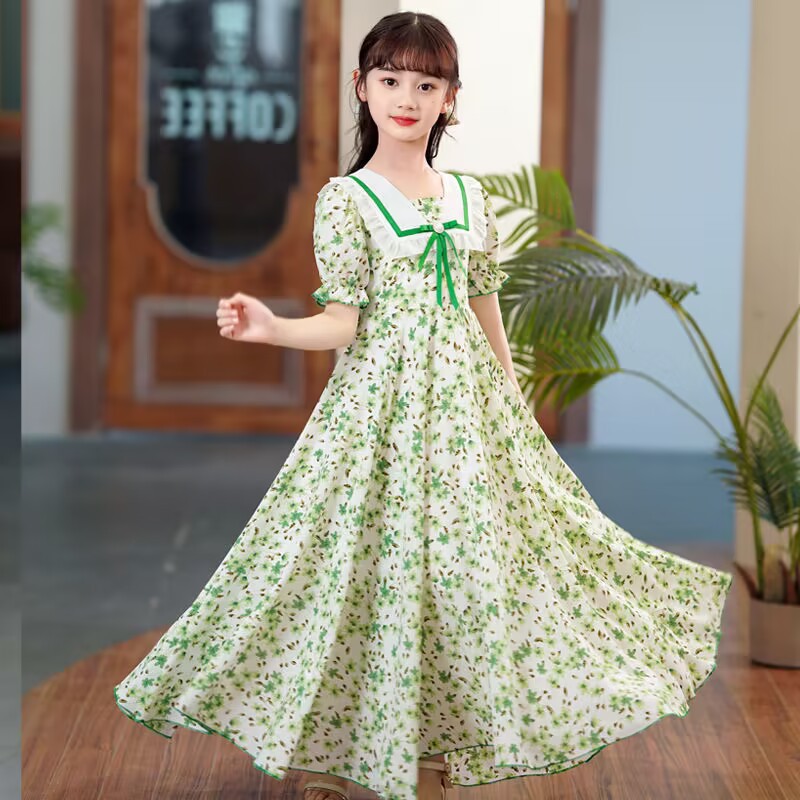 Girls' dress summer short-sleeved floral chiffon dress summer children's dress new girls' summer princess dress