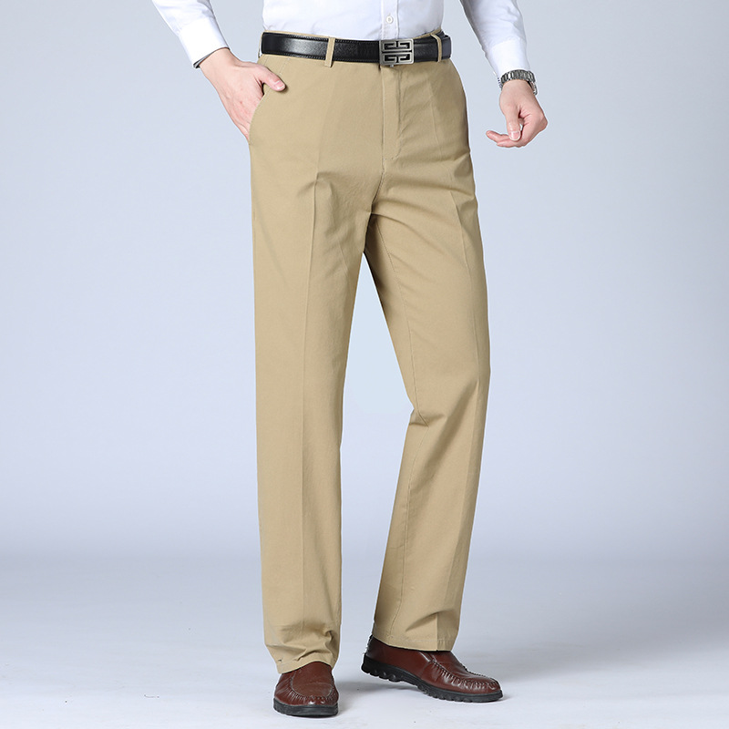 Pure Cotton Casual Pants Men's Spring and Summer Thin Business Middle-aged and Elderly Dad's Straight Middle-Waist Men's Long Pants