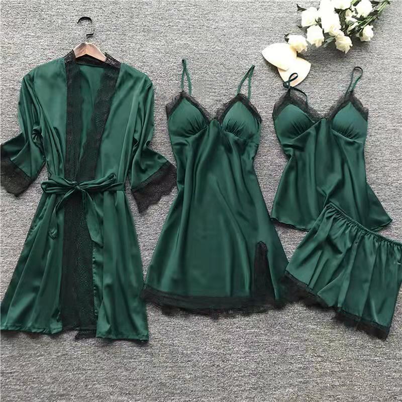 Pajamas 4-piece Set Women's Spring and Summer Sexy Ice Silk Korean Style Sling Nightgown Nightgown Set with Chest Pad Silk Home Clothes