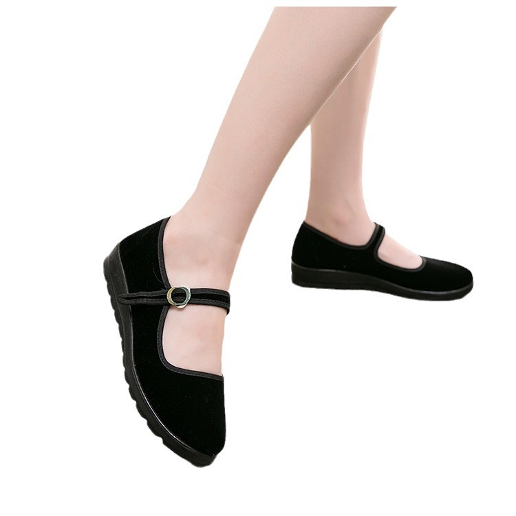 Polyurethane Spring Old Beijing Cloth Shoes Women's Black Flat Shoes Hotel Black Tooling Shoes Buckle Dance Cloth Shoes Women