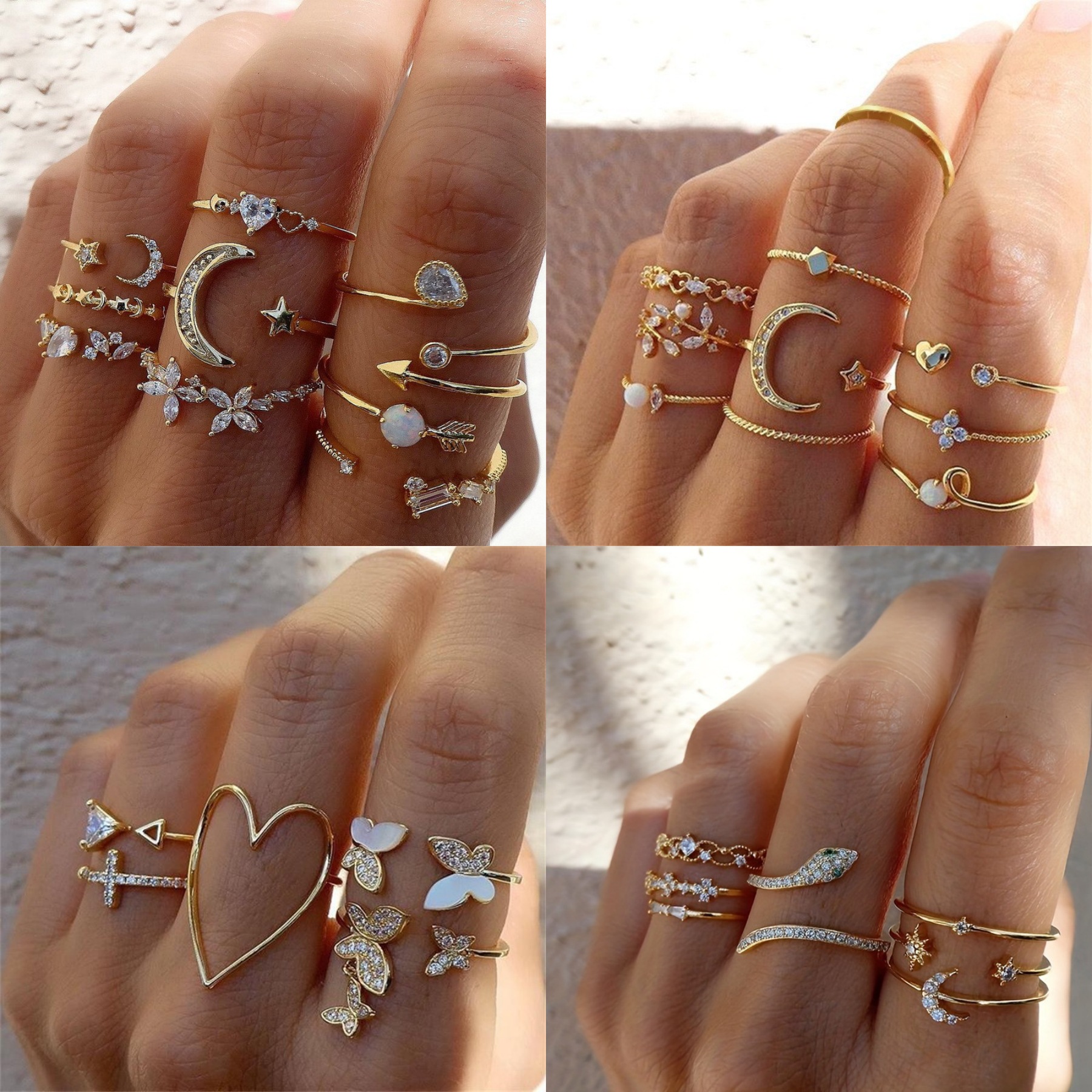 European and American cross-border hot selling ins creative geometric joint ring female hollow heart butterfly ring suit rings