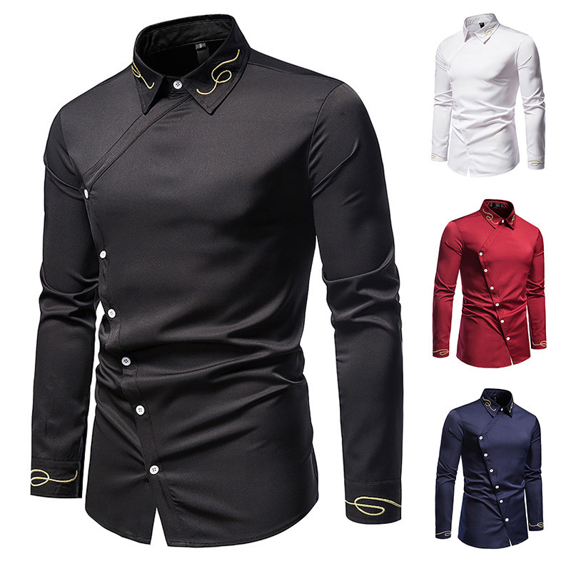Spring and Autumn New European Size Men's Embroidered Asymmetrical Long Sleeve Shirt AliExpress Amazon Men's Large Size Thin Shirt