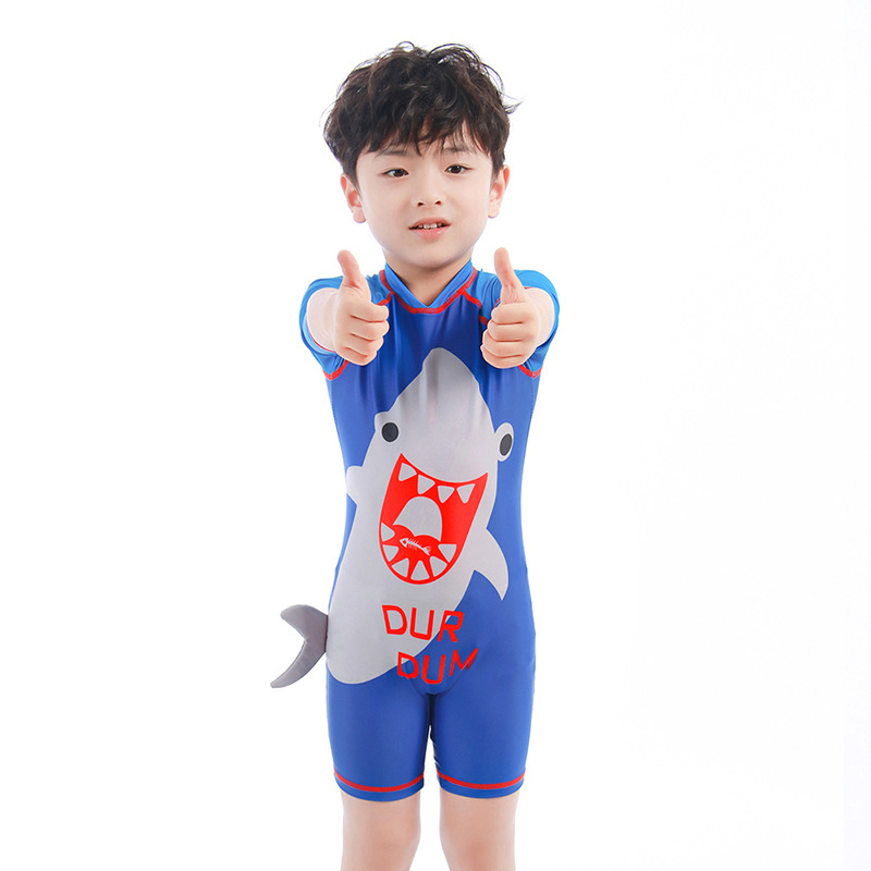 Children's One-piece Swimsuit Blister Boy 2-8 Years Old Boys' Cartoon Swimming Assembly Cap Boys' Baby's Small and Medium-sized Children's Diving Suit