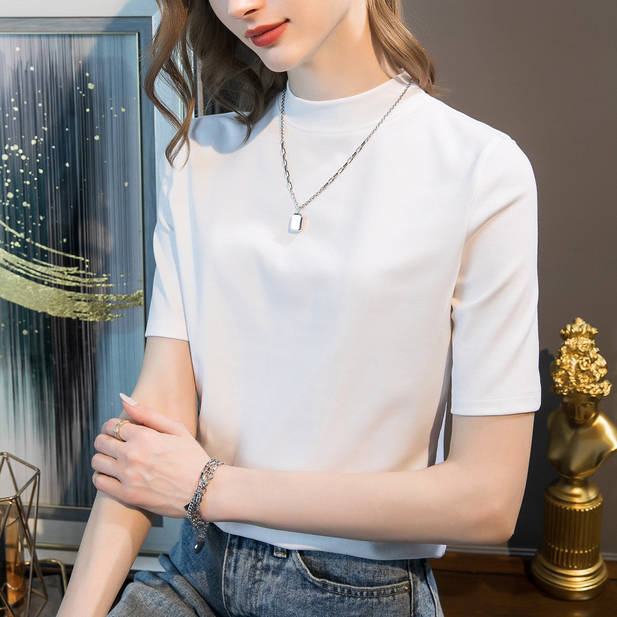 2023 autumn new women's sleeve collar design sense half sleeve T-shirt women slim T-shirt jacket a generation of hair