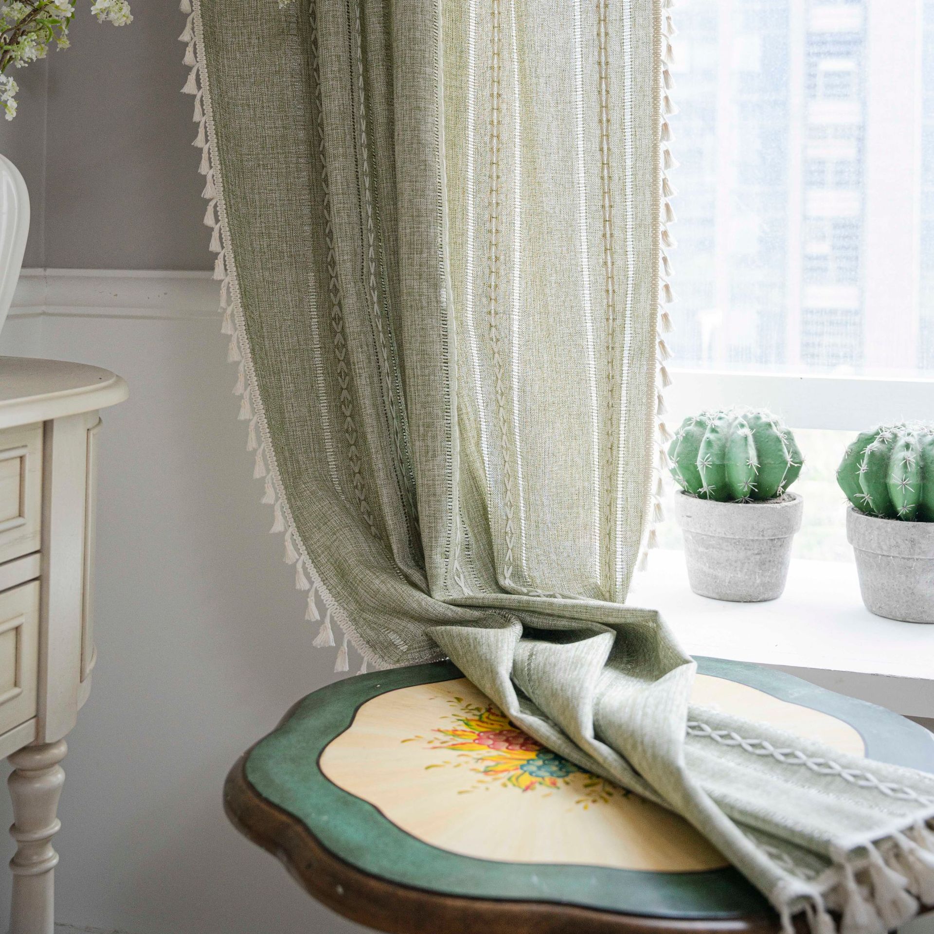 Cloth Dad Cross-border Amazon Curtain Finished Striped Embroidered Green Bedroom Curtain Country Style Semi-shading Bay Window