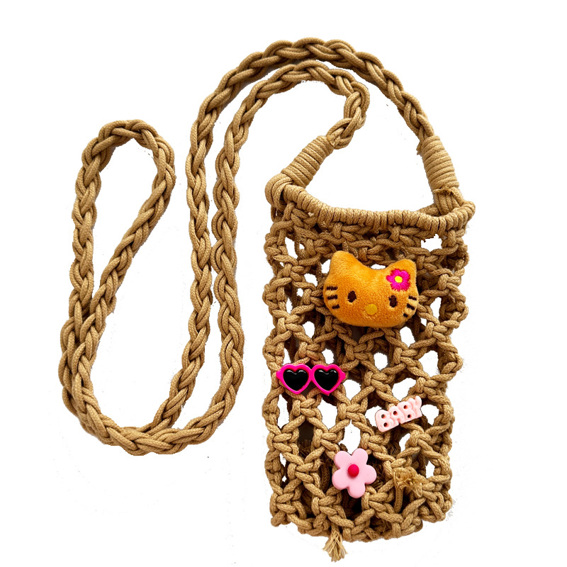 New Original homemade Hawaiian black leather Hello Kitty hand-woven mobile phone bag summer vacation walking messenger bag