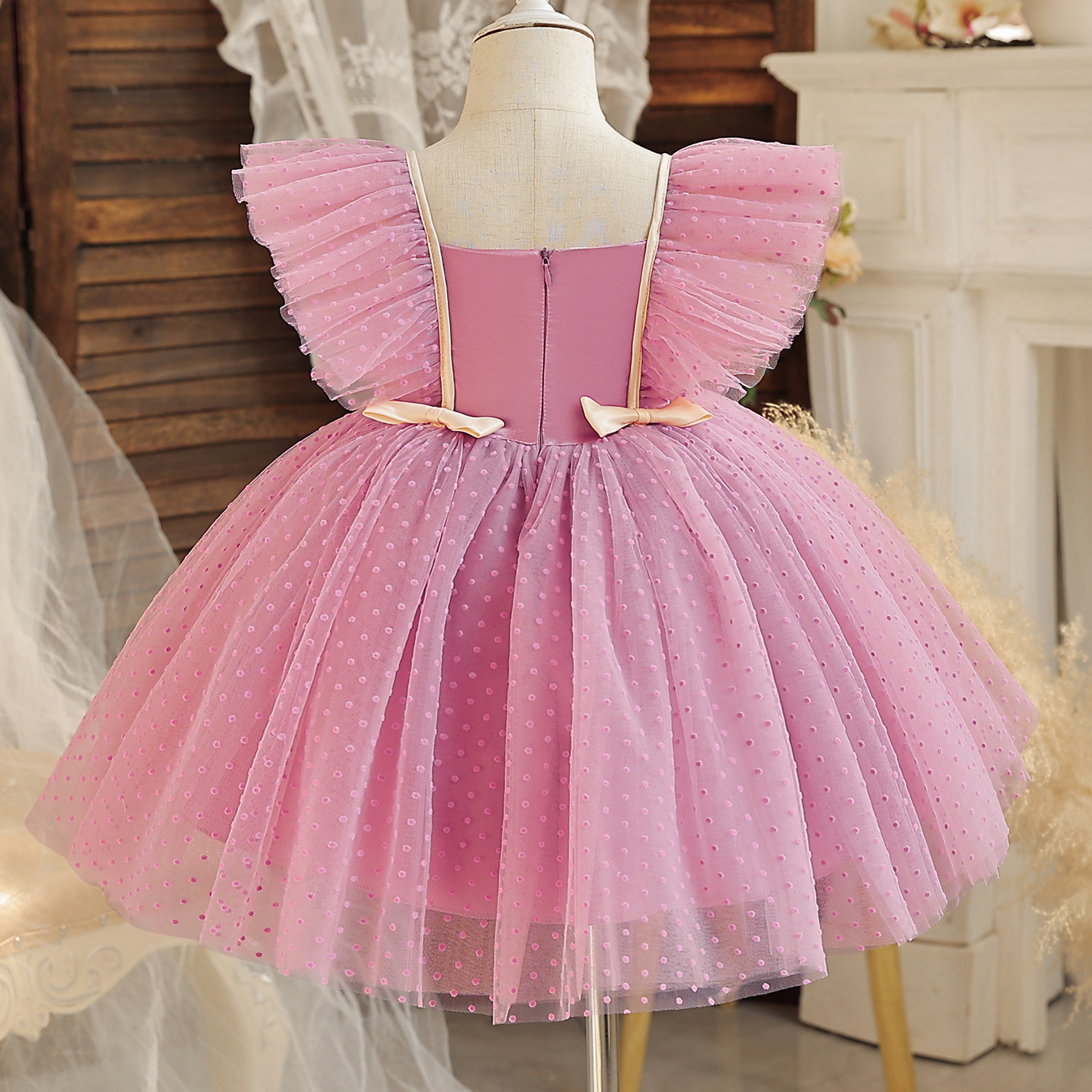 Amazon Summer New Children's Dress Girls' Flying Sleeves Polka Dot Mesh Princess Dress Children's Performance Dress Tutu Dress