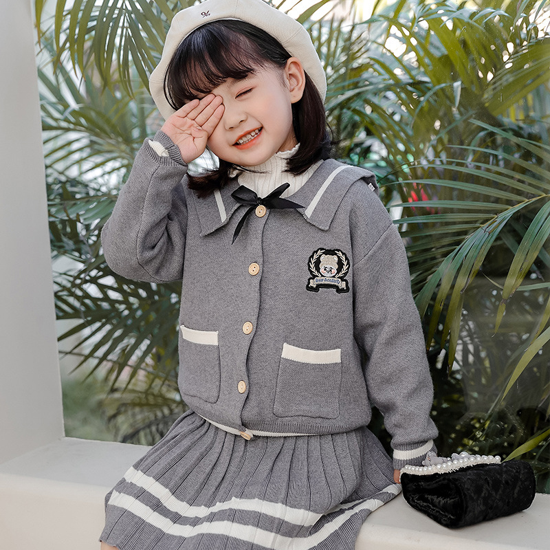 Autumn and Winter Girls Korean Knitted jk College Style Cute Bear Embroidered Long Sleeve Cardigan Pleated Skirt Two-piece Set