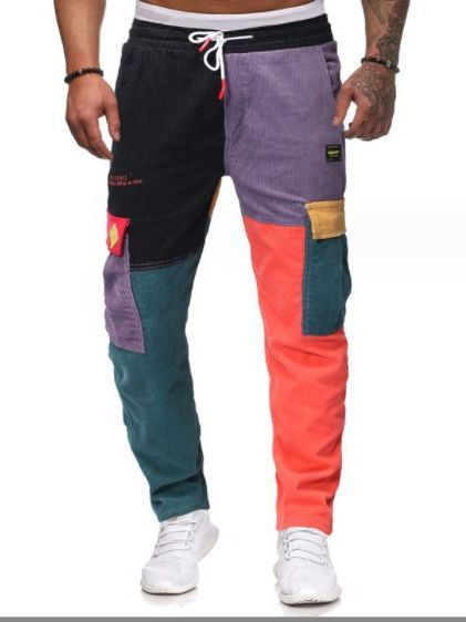 Foreign trade hot sale AliExpress corduroy fashion brand pants men's stitching contrast color jeans casual skinny overalls