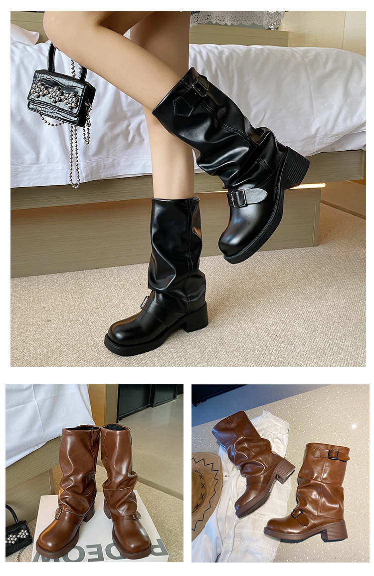 Stivali con fibbia a cintura e plissettati in pile per donna 2023 nuovi stivali retrò con tacco spesso e plateau a metà polpaccio stivali da sigaretta alla moda di strada_voghion.com