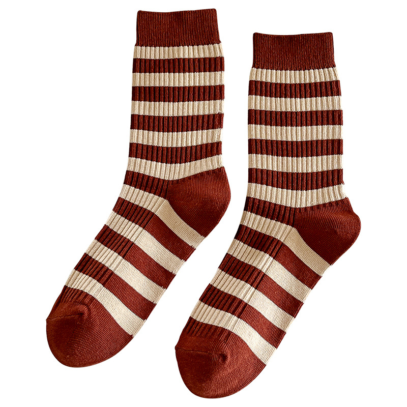 Women's Spring and Autumn striped long cotton socks combed cotton vintage women's double needle mid-calf socks Zhuji women's socks