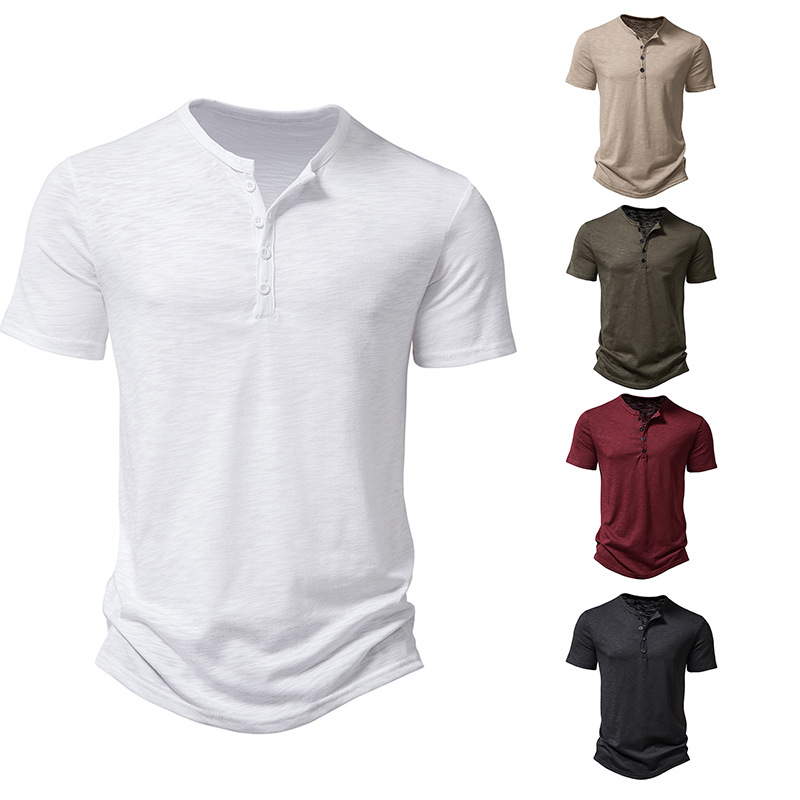 2023 Foreign Trade New European and American Men's Solid Color Henry Collar Polo Shirt Men's Fashion Casual Loose Short-sleeved T-shirt