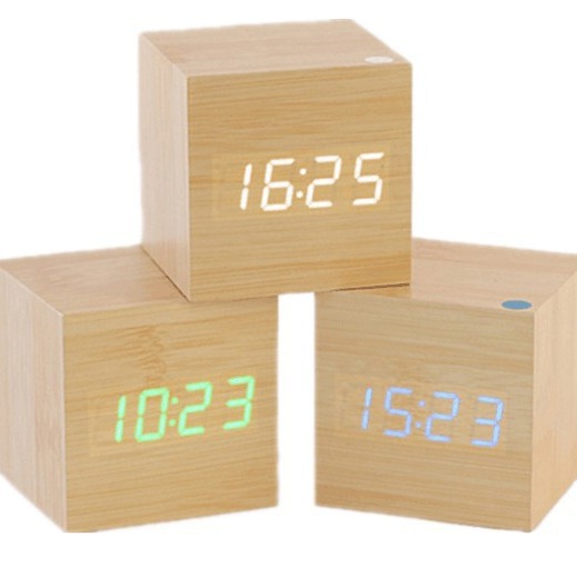 Mini wooden clock led electronic clock wooden alarm clock voice control luminous creative bedside desktop clock student