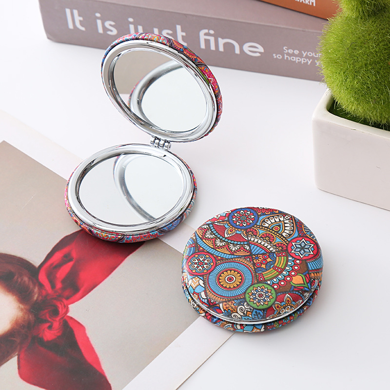 Bohemian style folding bread mirror retro style portable round bread mirror thick double-sided pu pocket mirror