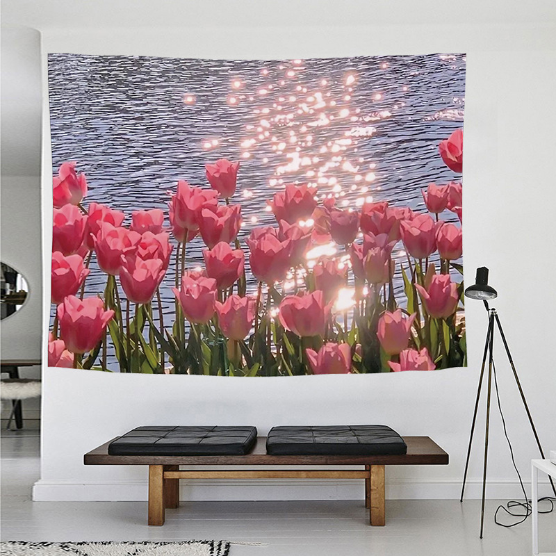 Nordic Style Bedroom Bedside Tulip Floral Background Cloth ins Healing Hanging Cloth Wall Decorative Tapestry
