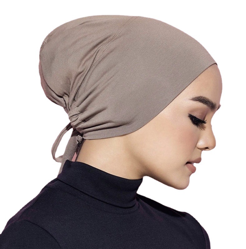 Solid color mercerized cotton lace-up elastic base cap adjustable tether headscarf fur Muslim hat