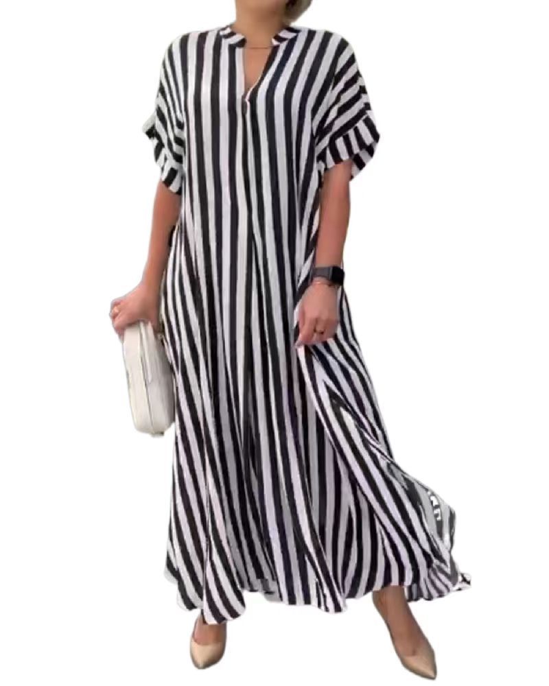 2022 European and American Women's AliExpress Independent Station Fashion Side Split Striped Cardigan Short Sleeve Dress W2865