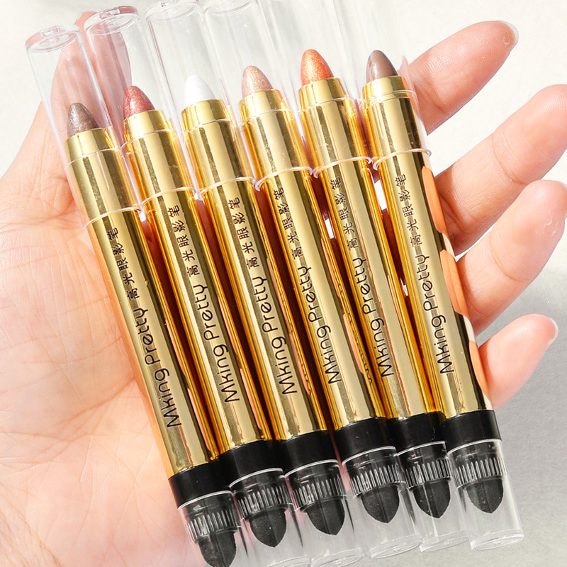 Lazy high-gloss eye shadow pen lying silkworm pen shadow pearlescent fine Flash Brightening double head eye shadow stick earth color waterproof sweat-proof