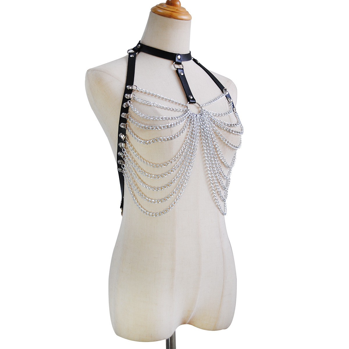 Leather stitching metal chain jewelry pu leather multi-layer chain chest chain body chain personalized accessories