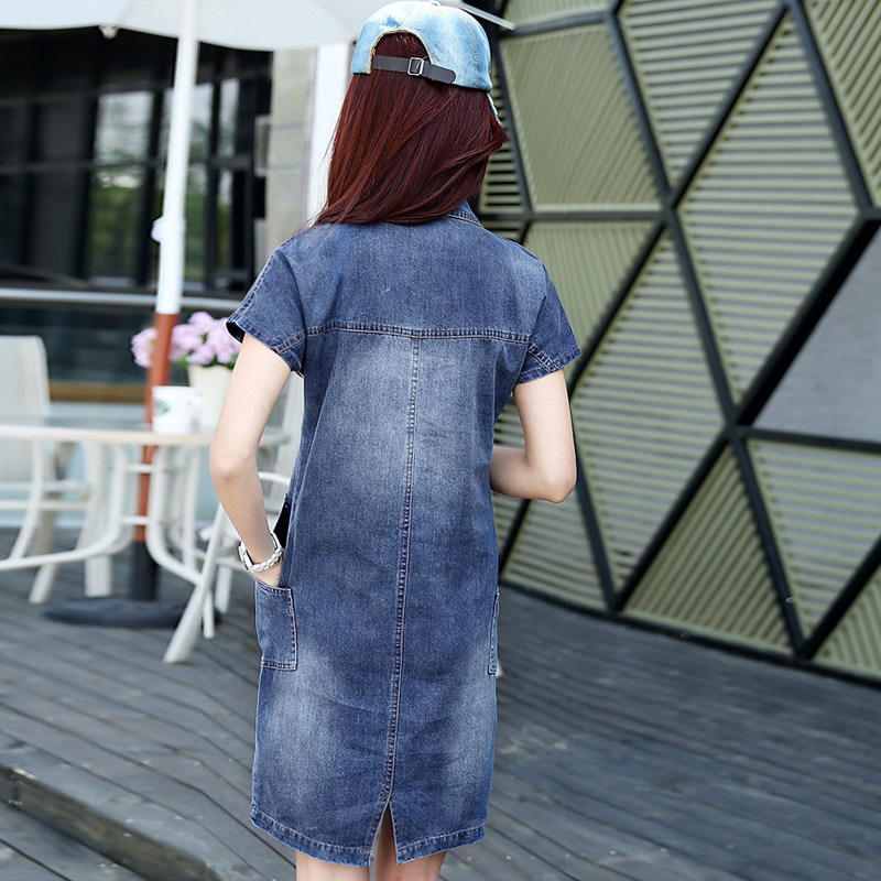 Mid-length Denim Dress Korean Style New V-collar Short-sleeved Slim-fit A- line Dress for Children