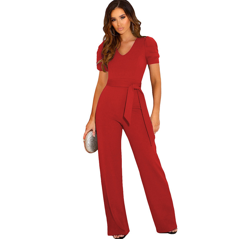 2023 Summer New Style Elegant Strap Tight Waist Jumpsuit Amazon Women's Solid Color V-neck Short-sleeved Wide-leg Trousers
