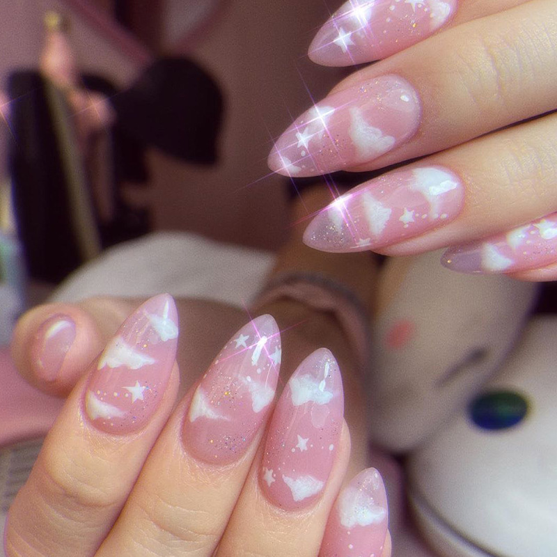 穿戴美甲粉色美甲片白色雲朵銀色閃粉美甲片成品press on nails