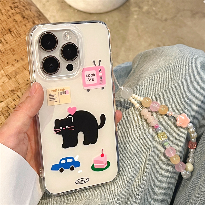 可愛電視機小黑貓適用iphone15Promax蘋果13/14手機殼11/12雙層女