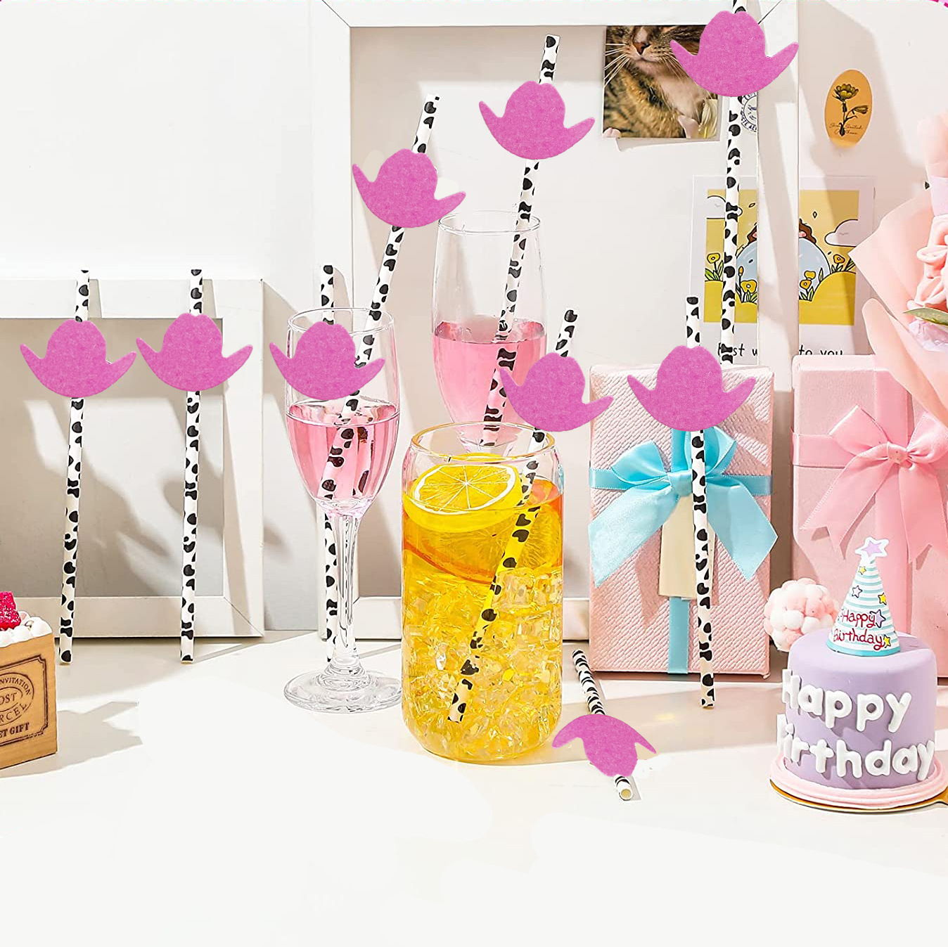 Party creative decoration straw cow pink bowler paper straw disposable degradable beverage decoration