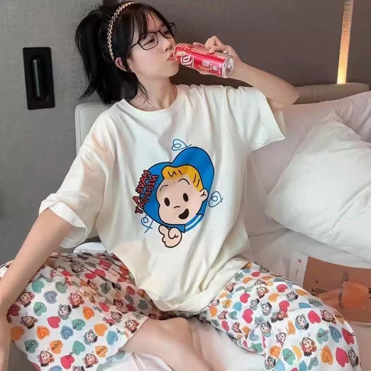 Pajamas Women's Short-sleeved Pants Summer Cartoon Cute 2024 New Cartoon Spring and Summer Day Home Clothes suit Can Wear