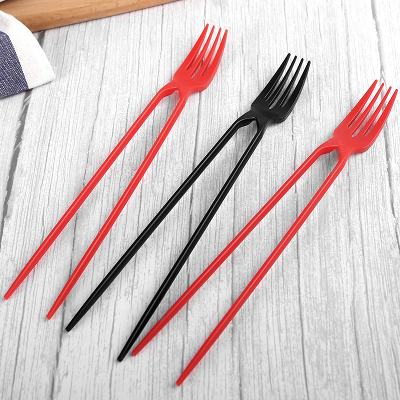 Disposable plastic fork chopsticks one take-out chopsticks fork dessert fried rice cake black red independent packaging can be exported