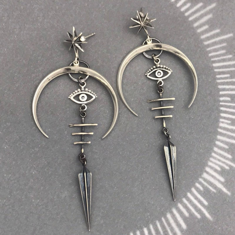 Cross Border Gothic Halloween Accessories Devil's Eye Punk Earrings Ancient Silver Moon Metal Long Earrings