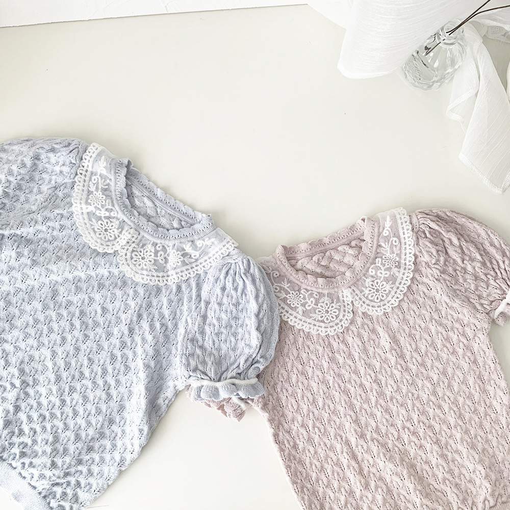 Cutemily summer girls' hollow-out knitted T-shirt contrast color breathable cotton short sleeve round neck lapel T-shirt