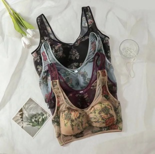 Japanese tail single 232 printed vest bra fixed Cup beauty back no steel ring ultra-thin big chest high elastic breathable gathered