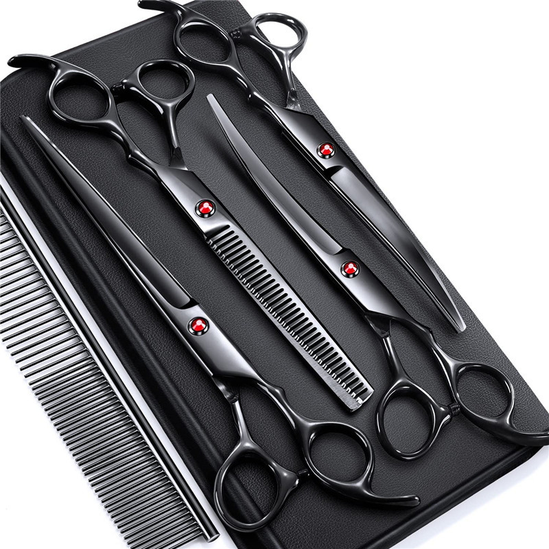 Black electroplated pet scissors four-piece set 7 inch tooth scissors 7 inch flat scissors 7 inch curved scissors combination set scissors factory