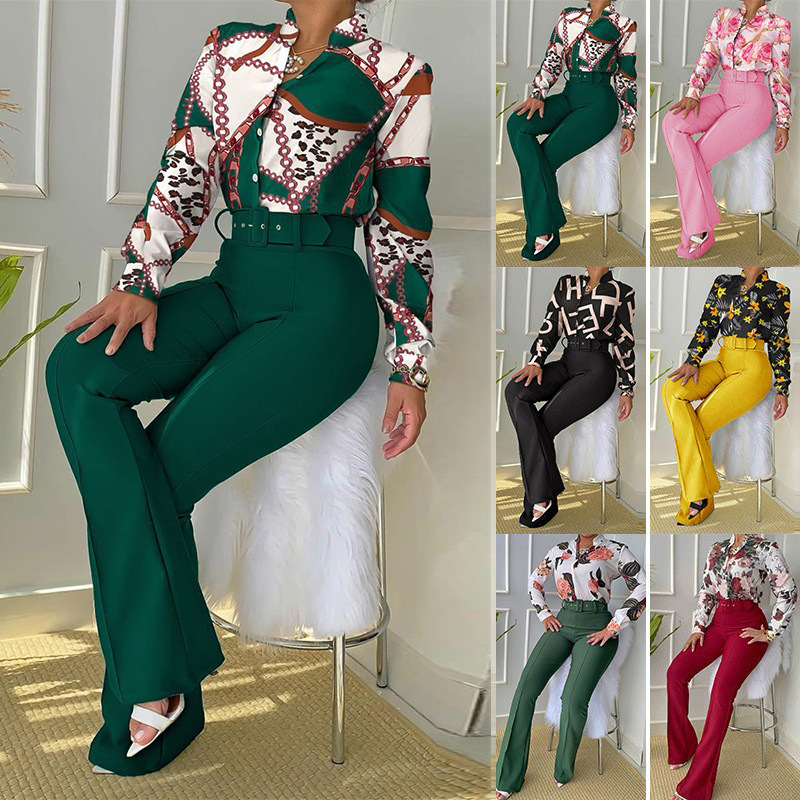 2024 European and American cross-border casual suit printed stand collar long sleeve shirt top wide leg pants two-piece set (including Belt)