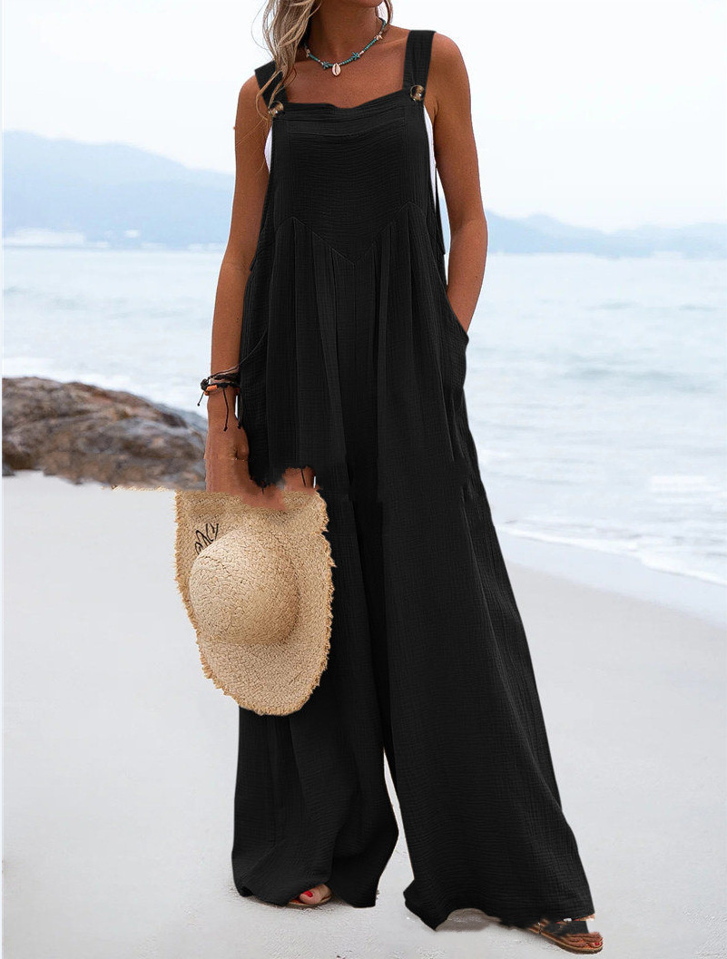 In stock Summer new women's fashion ethnic style solid color button sling jumpsuit wide leg pants trousers C111