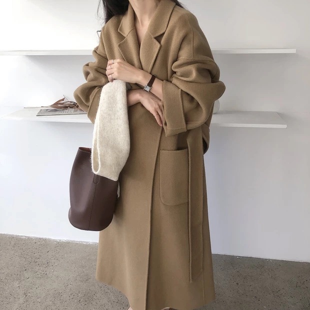 South Korea Dongdaemun 2023 autumn and winter New lace-up cashmere coat Women's Mid-length loose over-the-knee woolen coat_voghion.com