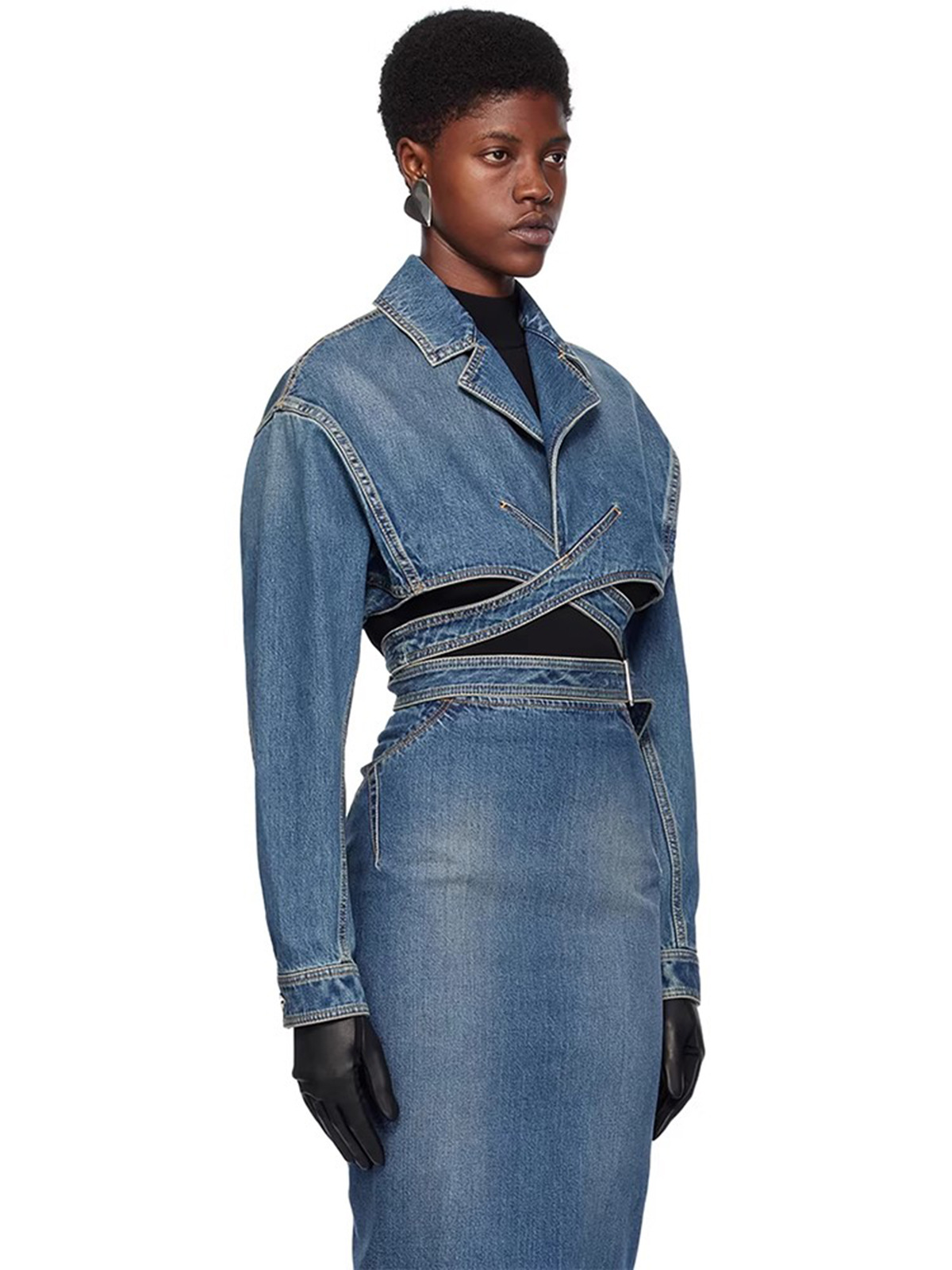 Niche design top coat 2024 spring cross cardigan hollow-out waist lace-up short women's Denim jacket