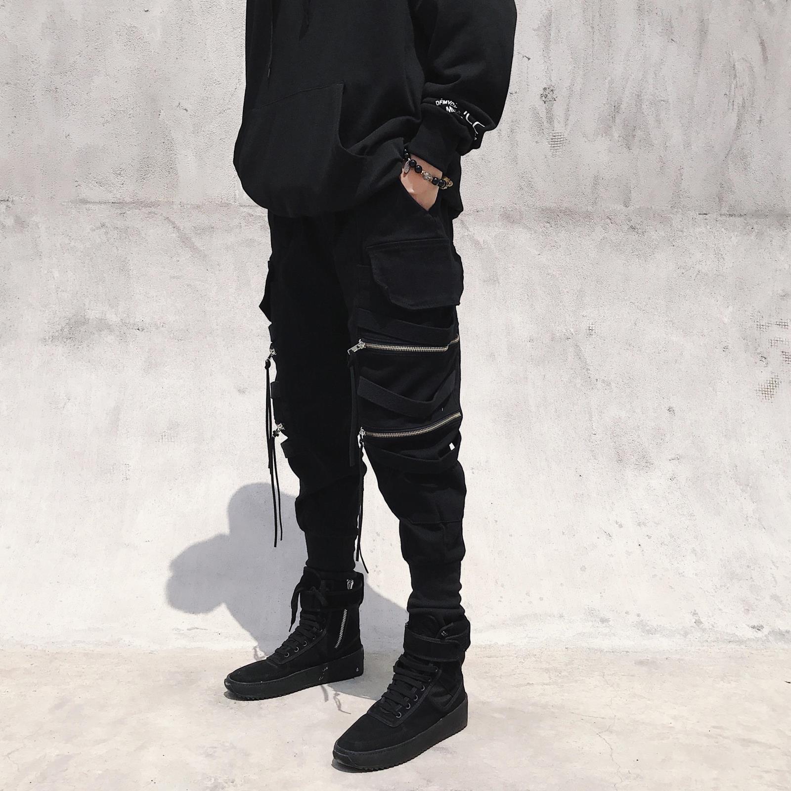 National Trendy Crock Pants Men's Trendy Brand Zipper Decorative Ribbon Trendy Leg Narrow Pants Street Hip-Hop Pants