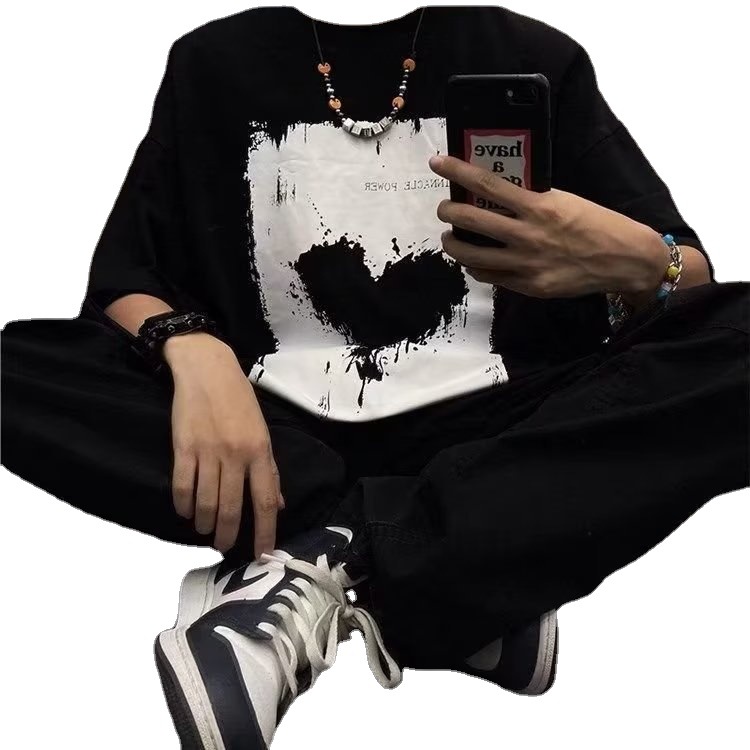 Short-sleeved T-shirt Men's Loose Trendy Brand Fashion High Street Harajuku Style Half-sleeved ins Trendy Hong Kong Style All-match Couple's Summer Dress