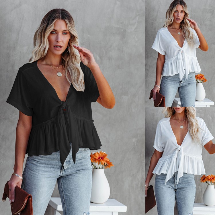 2023 Amazon Summer New European and American Cross-border Women's Solid Color Stitching Loose Short Sleeve Strap Ruffled Top