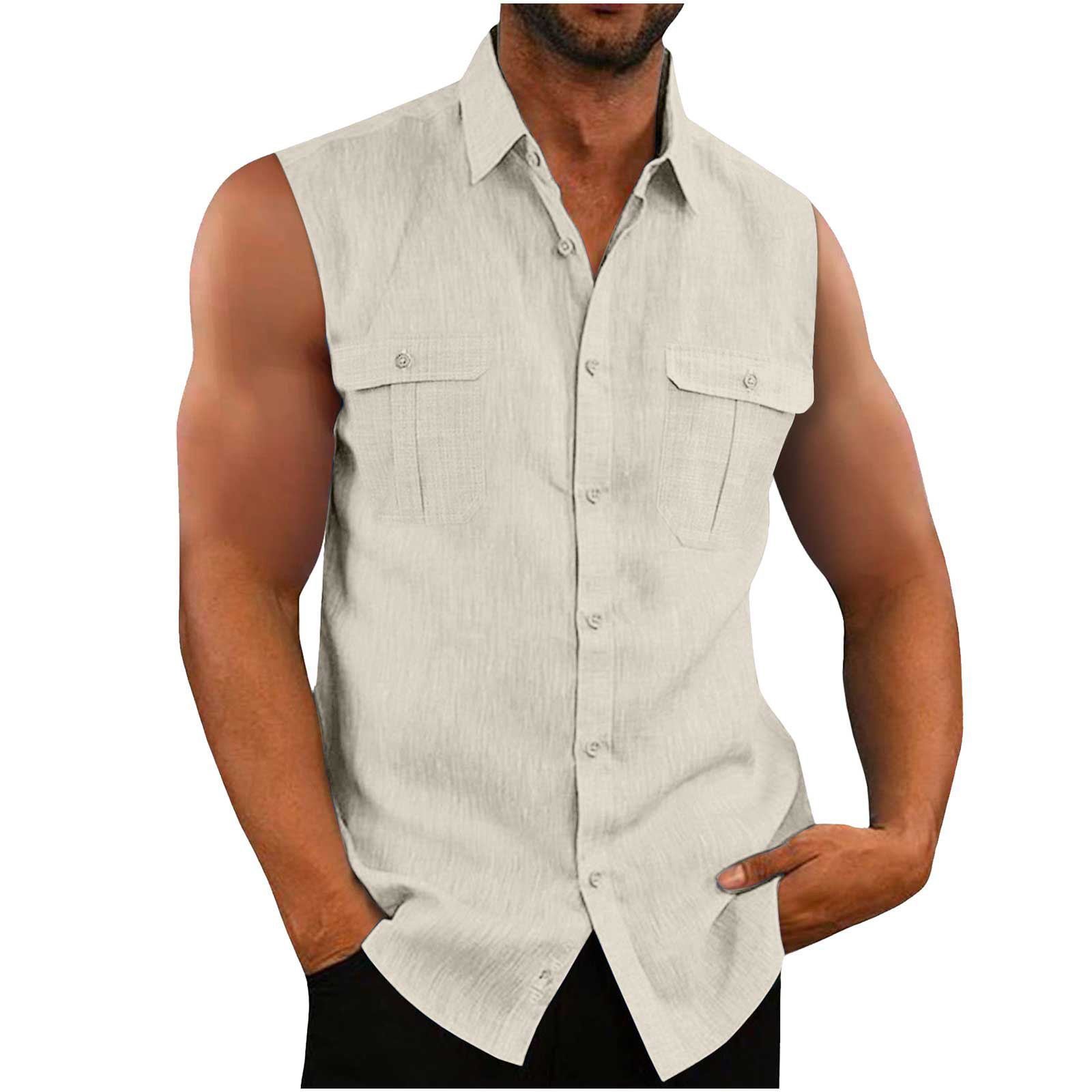 Cross-border AliExpress EBAY European and American men's shirt double pocket cotton linen sleeveless shirt casual vacation shirt