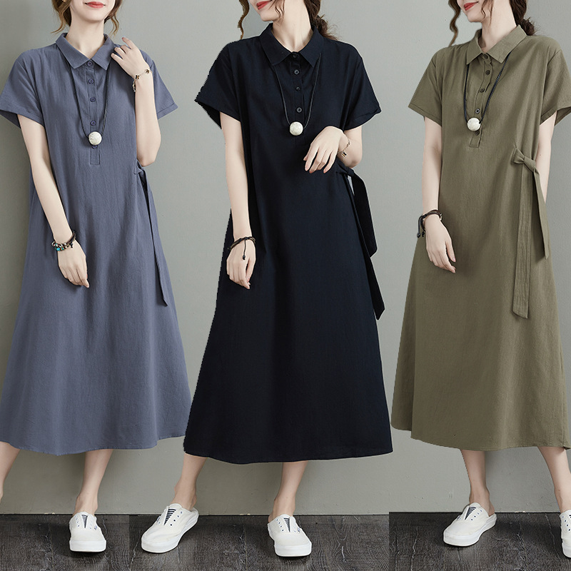 Cross-border New Japanese Solid Color Cotton and Linen Lapel Short-sleeve Loose Pocket Women's Casual Dress