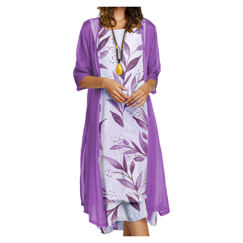 2024 European and American Amazon Autumn New Women's Long Dress Two-Piece Floral Print Crewneck Dress Coat Women