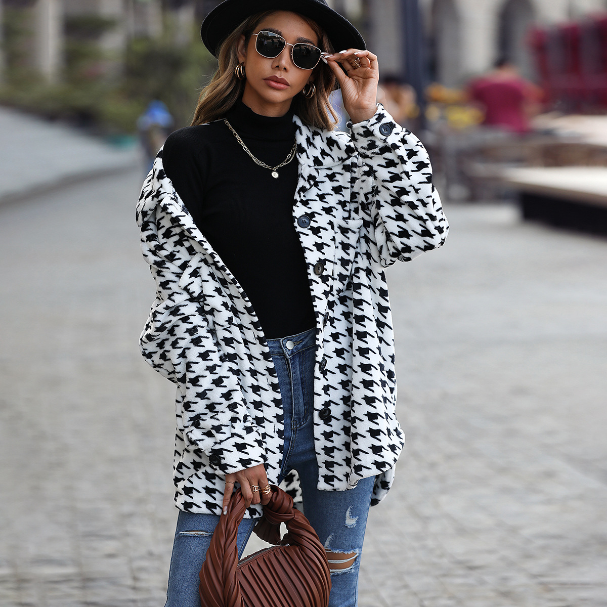 Flash velvet autumn new casual plush women's long sleeve loose houndstooth mid-length flannel suit collar coat_voghion.com