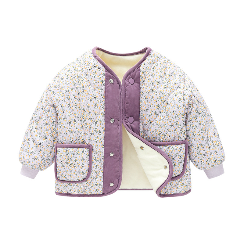 Girls' autumn and winter fleece-lined Korean floral quilted corduroy Western style liner cotton-padded jacket children's ethnic style down cotton-padded jacket