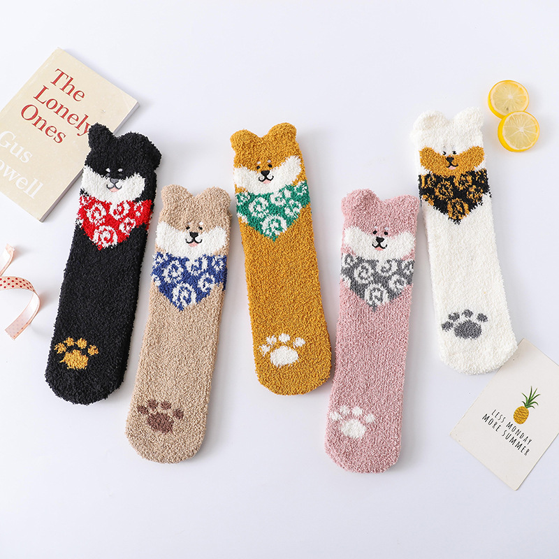 Winter Coral Fleece Sleep Socks Women Cute Puppy Cartoon Socks Thickened Warm Floor Socks Adult Towel Socks